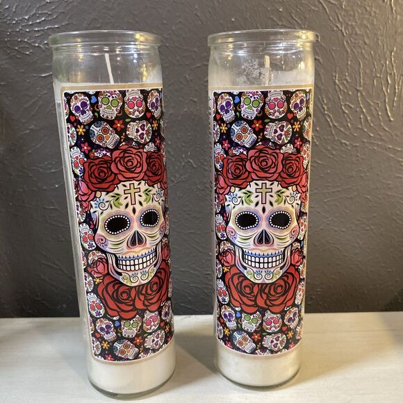 Set of 2 Day of The Dead Sugar Skulls 8in Unscented Devotional Candles -NEW - Picture 1 of 3